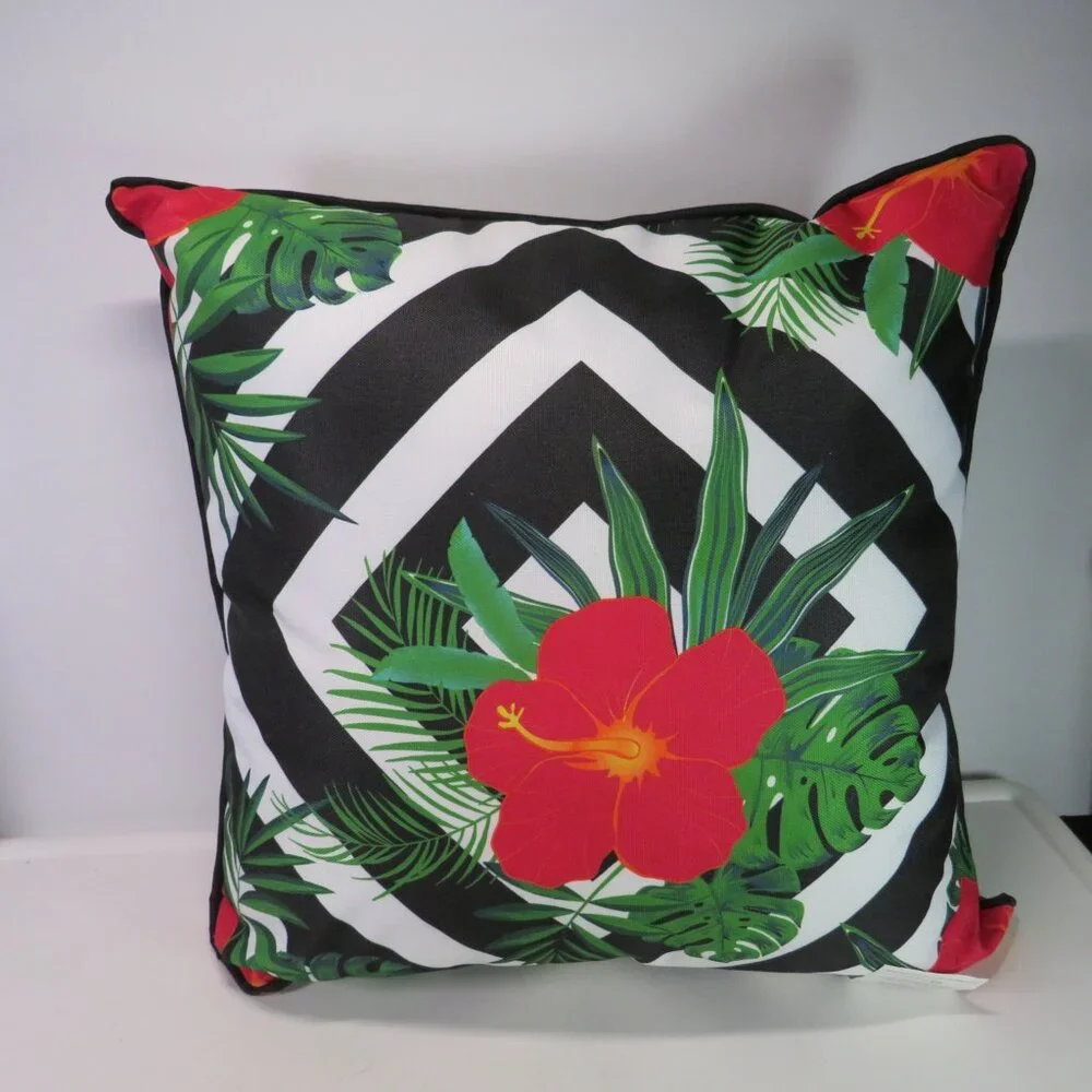 tropical Hawaiian red hibiscus w black and white striped pillow 100% polyester